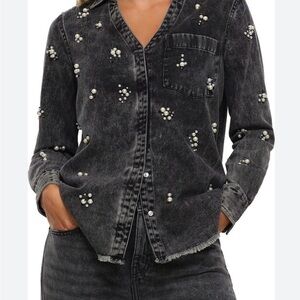 Sweet Rain Charcoal Denim Blouse with Pearl Details